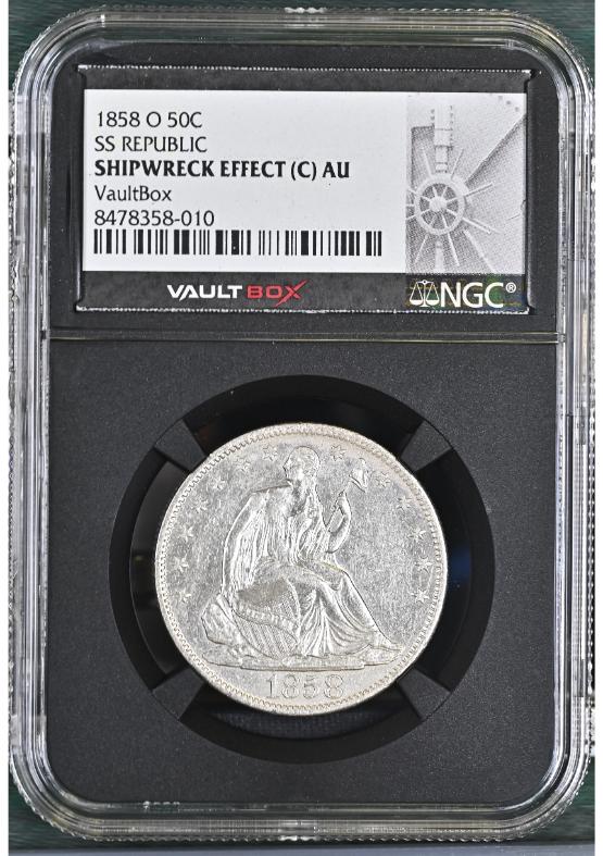 1858-O 50C SS REPUBLIC NGC SHIPWRECK EFFECT (C) AU FRONT
