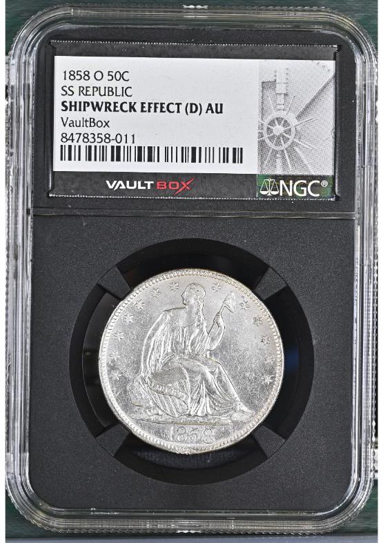 1858-O 50C SS REPUBLIC NGC SHIPWRECK EFFECT (D) AU FRONT