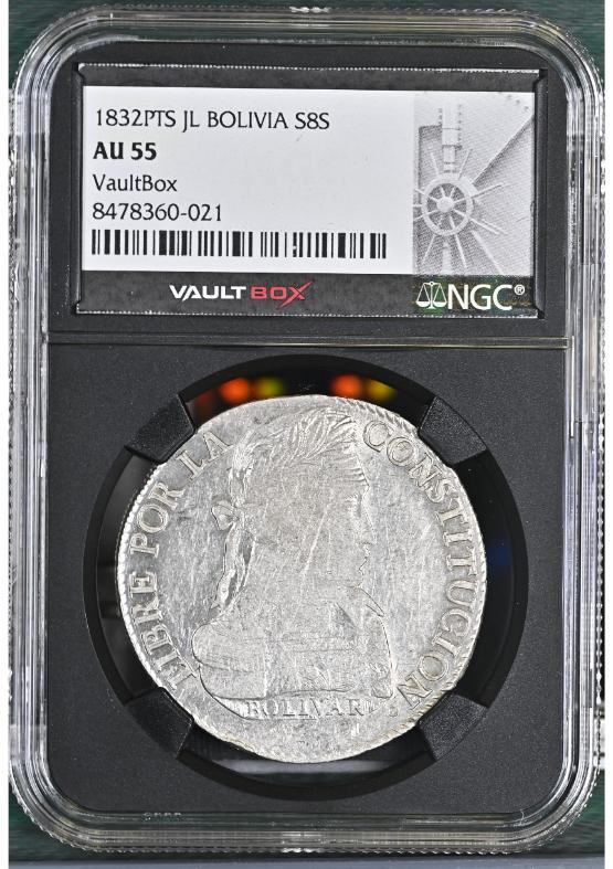 1832PTS JL BOLIVIA S8S NGC AU55 FRONT