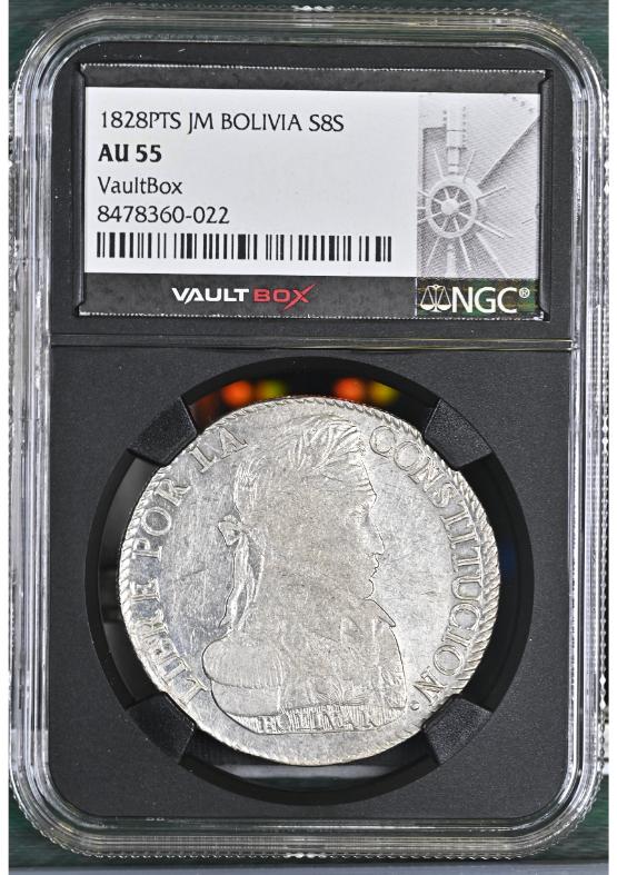 1828PTS JM BOLIVIA S8S NGC AU55 FRONT