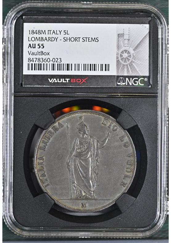 1848M ITALY 5L LOMBARDY - SHORT STEMS NGC AU55 FRONT