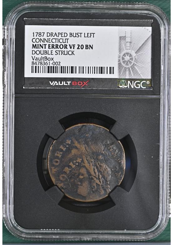 1787 DRAPED BUST LEFT CT 1/2P CONNECTICUT DOUBLE STRUCK NGC MINT ERROR VF20BN FRONT