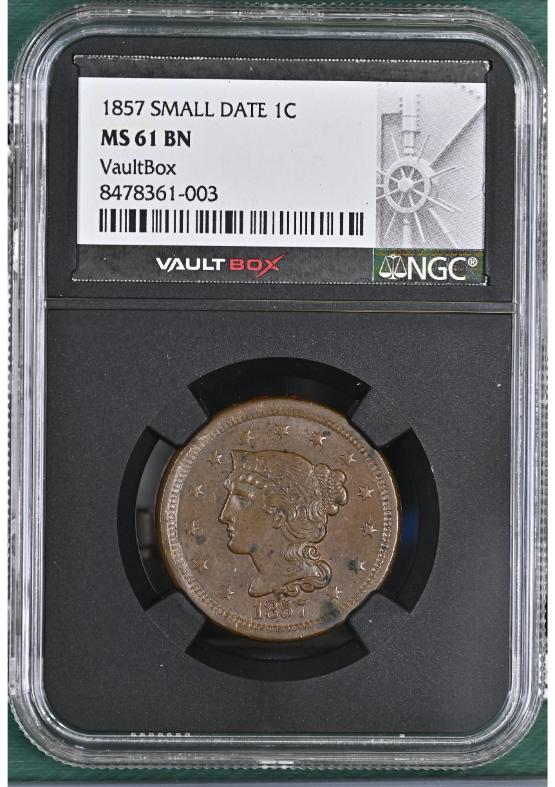 1857 SMALL DATE 1C NGC MS61BN FRONT