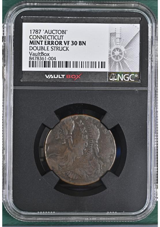 1787 AUCTOBI' DOUBLE STRUCK CT 1/2P CONNECTICUT DOUBLE STRUCK NGC MINT ERROR VF30BN FRONT