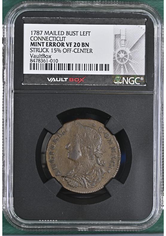 1787 MAILED BUST LEFT CT 1/2P CONNECTICUT STRUCK 15% OFF-CENTER NGC MINT ERROR VF20BN FRONT
