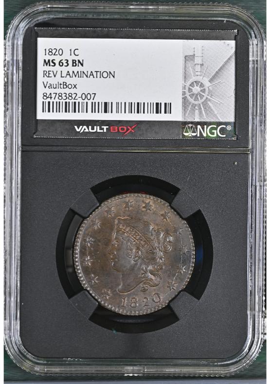 1820 1C REV LAMINATION NGC MS63BN FRONT