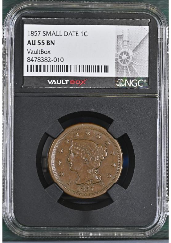 1857 SMALL DATE 1C NGC AU55BN FRONT