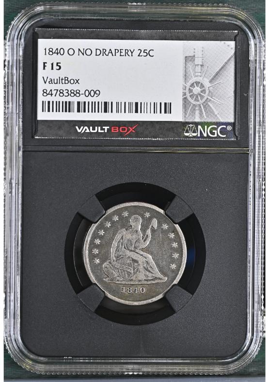 1840-O NO DRAPERY 25C NGC F15 FRONT