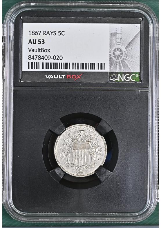 1867 RAYS 5C NGC AU53 FRONT