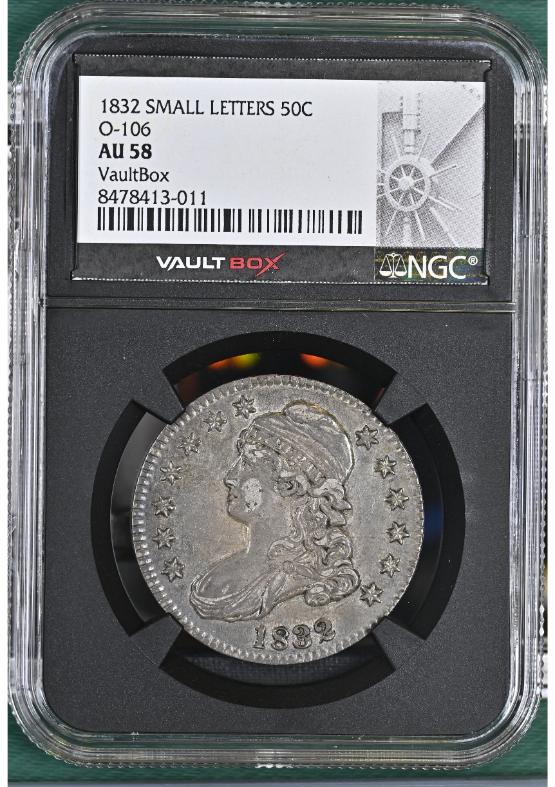 1832 SMALL LETTERS 50C O-106 NGC AU58 FRONT