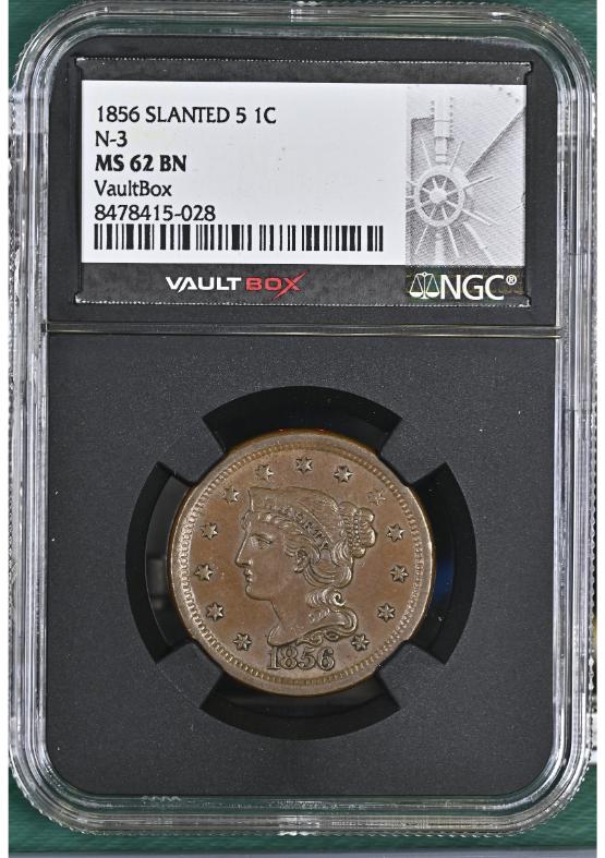 1856 SLANTED 5 1C N-3 NGC MS62BN FRONT