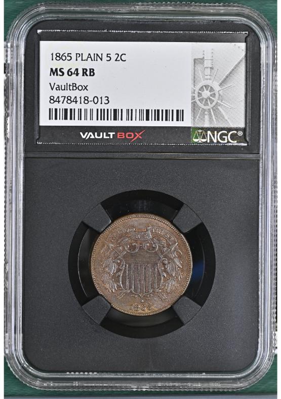 1865 PLAIN 5 2C NGC MS64RB FRONT