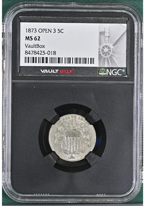 1873 OPEN 3 5C NGC MS62 FRONT