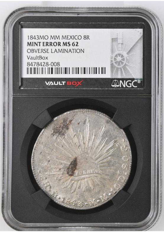 1843MO MM MEXICO 8R OBVERSE LAMINATION NGC MINT ERROR MS62 FRONT