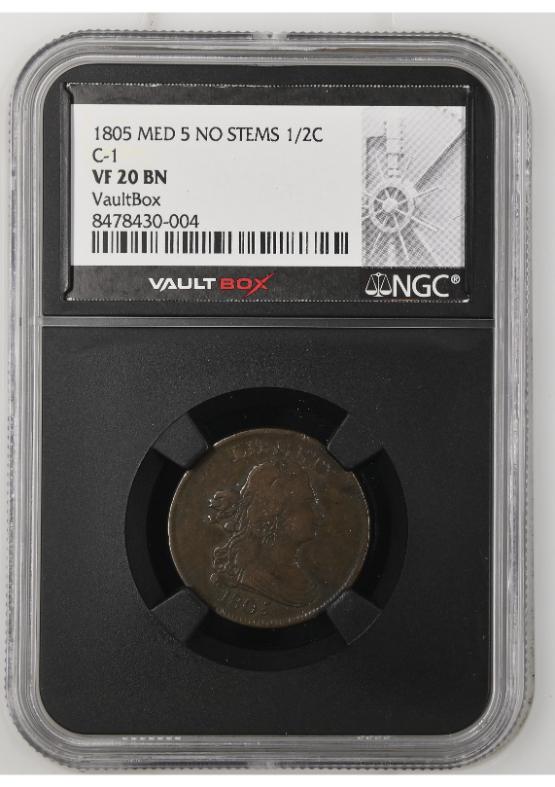 1805 MED 5 NO STEMS 1/2C C-1 NGC VF20BN FRONT