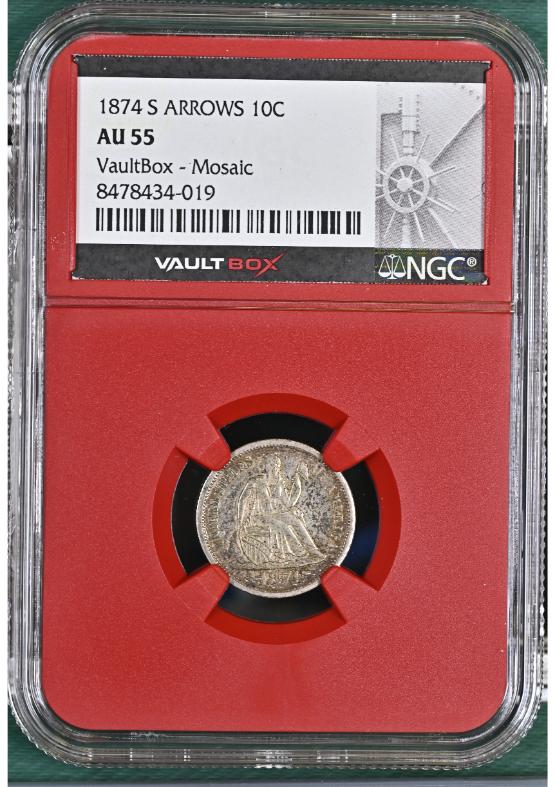 1874-S ARROWS 10C NGC AU55 FRONT