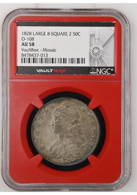 1828 LARGE 8 SQUARE 2 50C O-108 NGC AU58 FRONT
