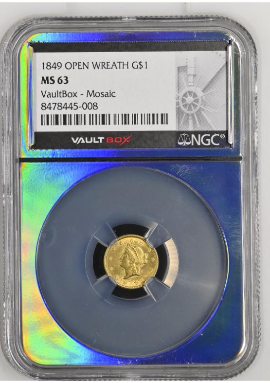1849 OPEN WREATH G$1 NGC MS63 FRONT
