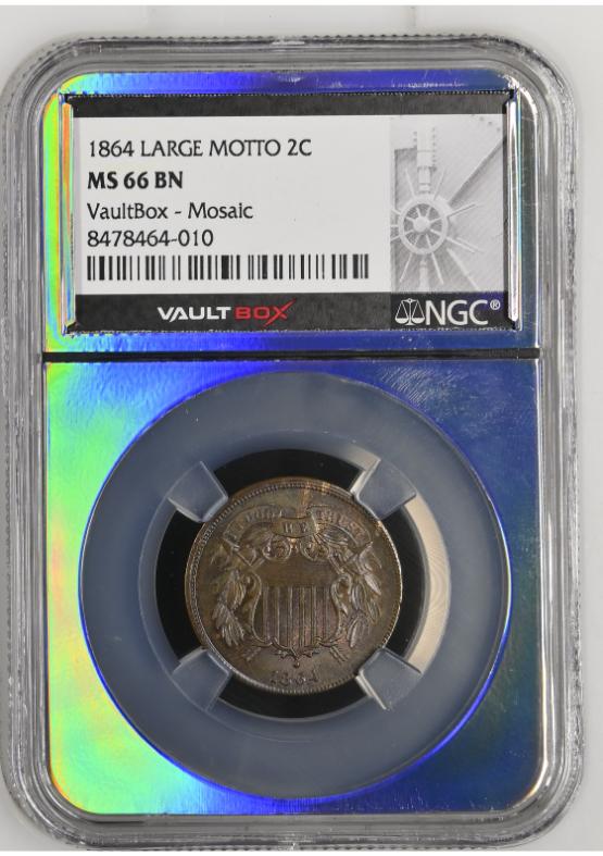 1864 LARGE MOTTO 2C NGC MS66BN TONER FRONT