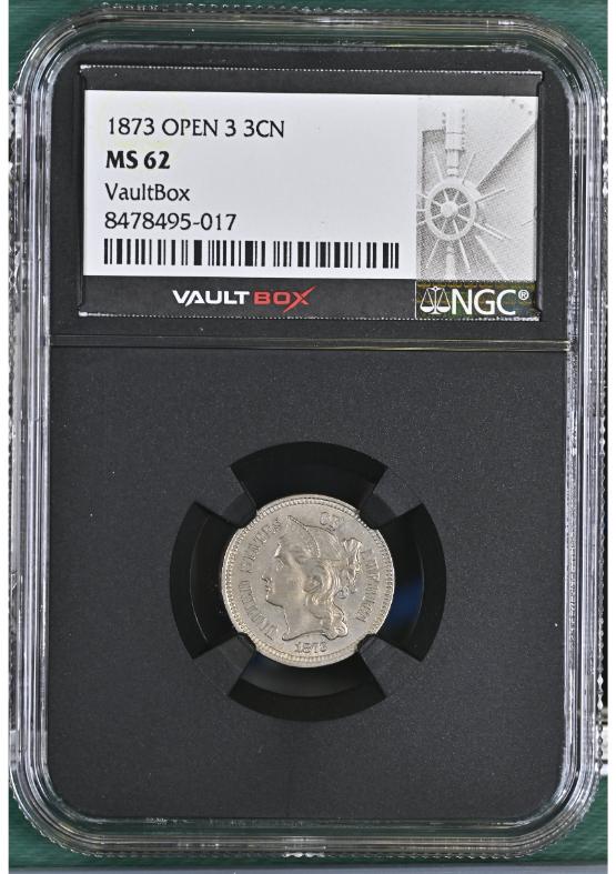 1873 OPEN 3 3CN NGC MS62 FRONT