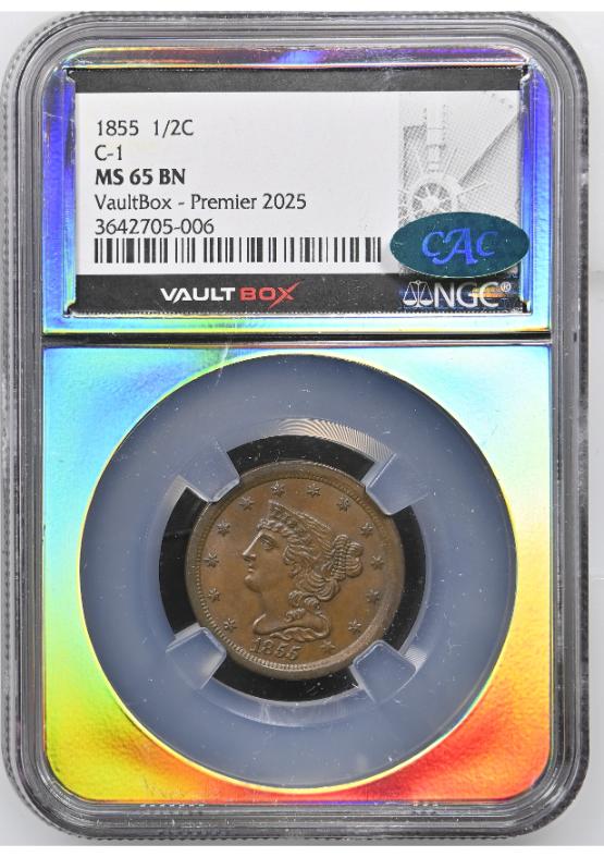 1855 1/2C C-1 NGC MS65BN CAC FRONT