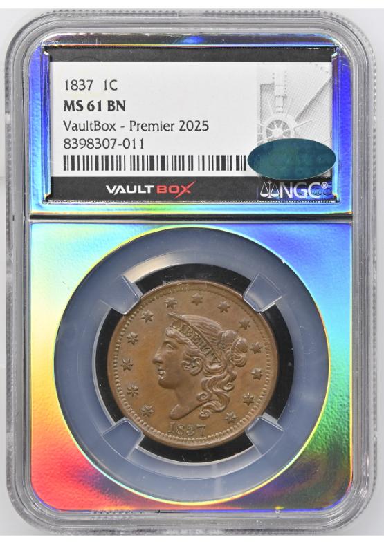 1837 1C NGC MS61BN CAC FRONT