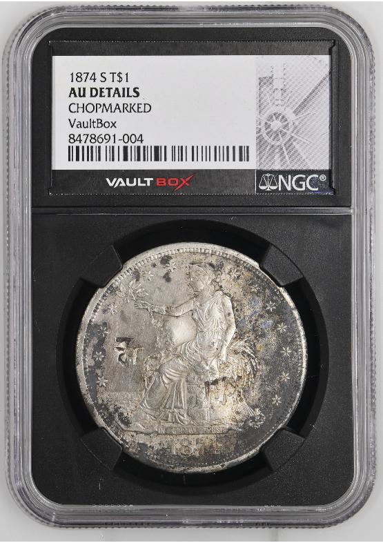 1874-S T$1 NGC AU Details Chopmarked FRONT