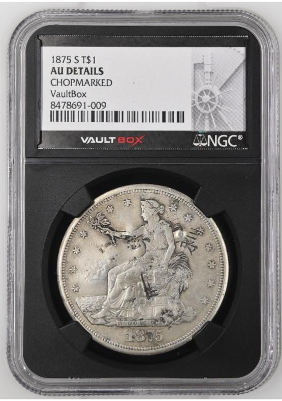 1875-S T$1 NGC AU Details Chopmarked FRONT