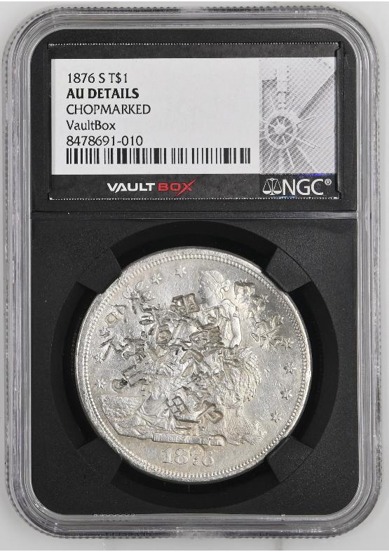 1876-S T$1 NGC AU Details Chopmarked FRONT