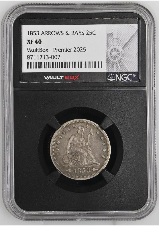 1853 ARROWS & RAYS 25C NGC XF40 FRONT