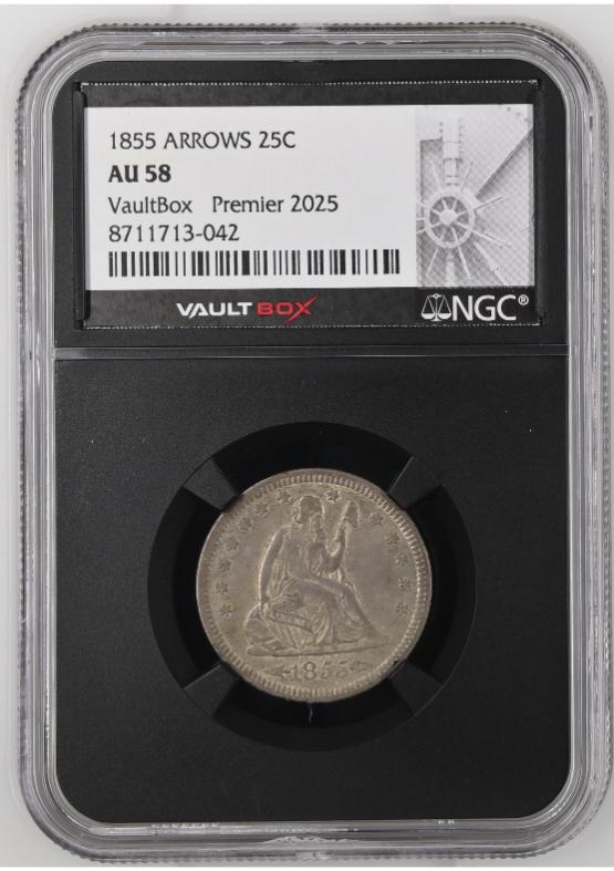 1855 ARROWS 25C NGC AU58 FRONT