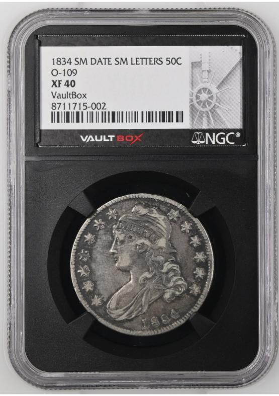 1834 SM DATE SM LETTERS 50C O-109 NGC XF40 FRONT