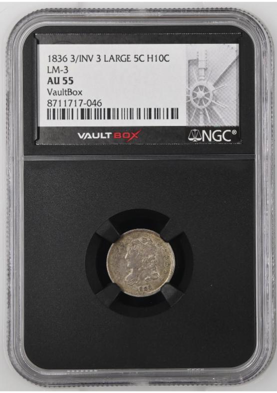 1836 3/INV3 LARGE 5C H10C LM-3 NGC AU55 FRONT