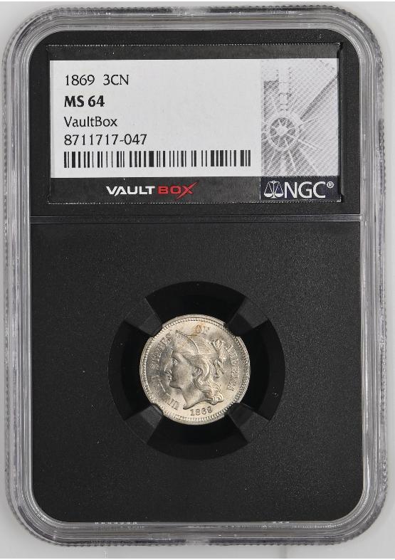 1869 3CN NGC MS64 FRONT
