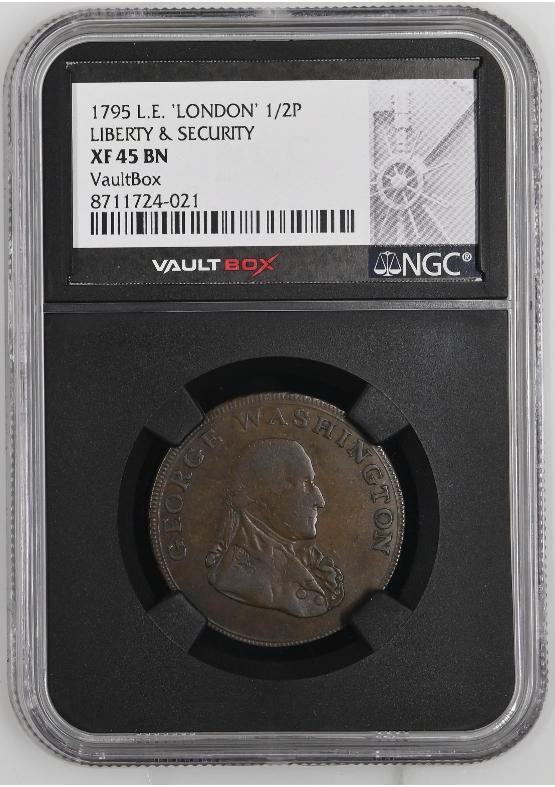 1795 L.E. 'LONDON' 1/2P LIBERTY & SECURITY NGC XF45BN FRONT