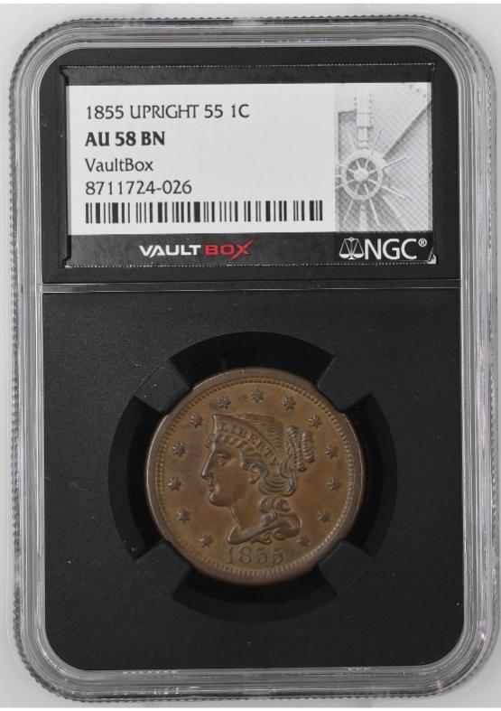 1855 UPRIGHT 55 1C NGC AU58BN FRONT
