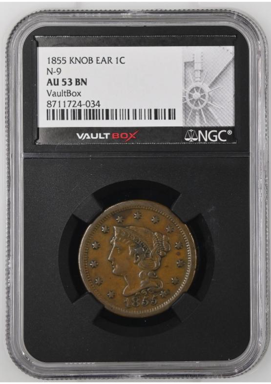 1855 KNOB EAR 1C N 9 NGC AU53BN FRONT