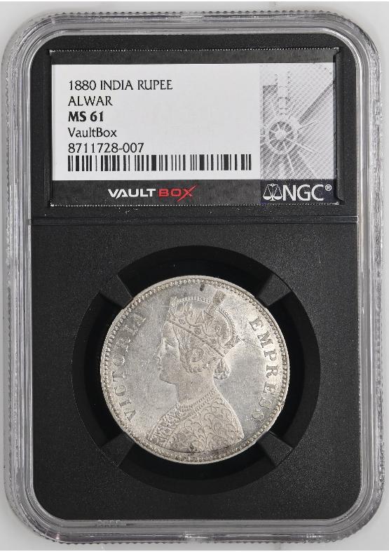 1880 INDIA RUPEE ALWAR NGC MS61 FRONT