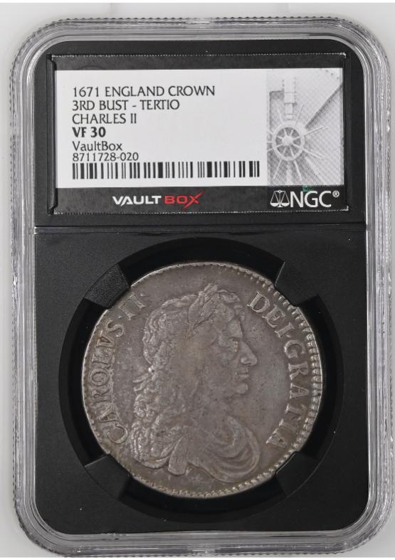 1671-ENGLAND CROWN 3RD BUST - TERTIO CHARLES II NGC VF30 FRONT