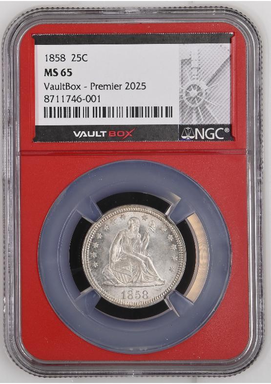 1858 25C NGC MS65 FRONT