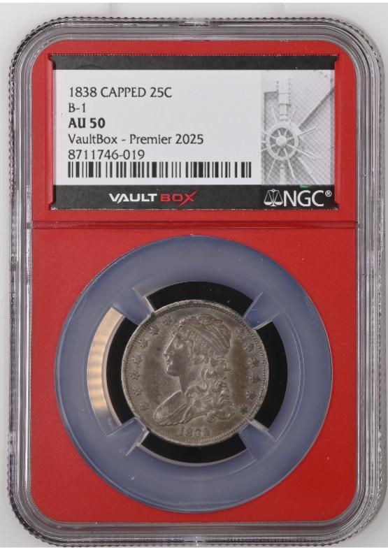 1838 CAPPED 25C B-1 NGC AU50 FRONT