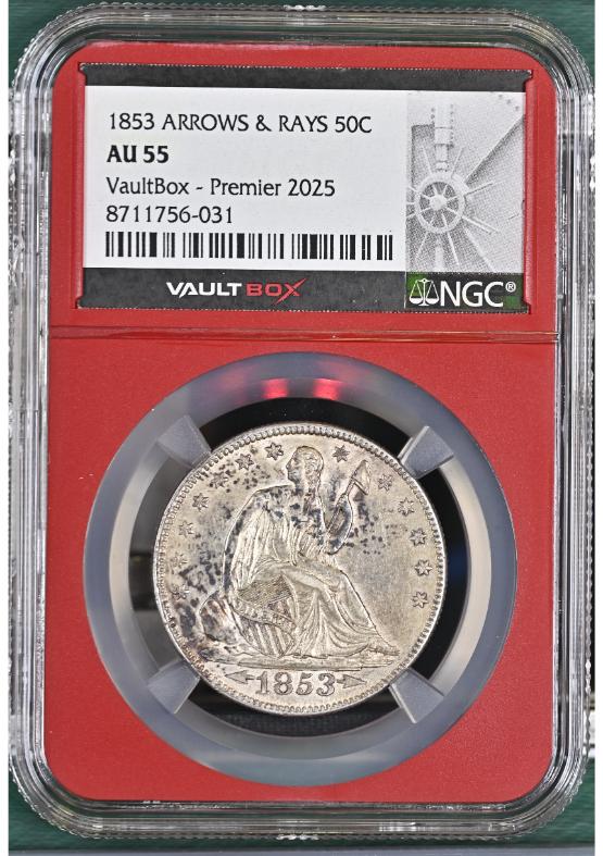 1853 ARROWS & RAYS 50C NGC AU55 FRONT