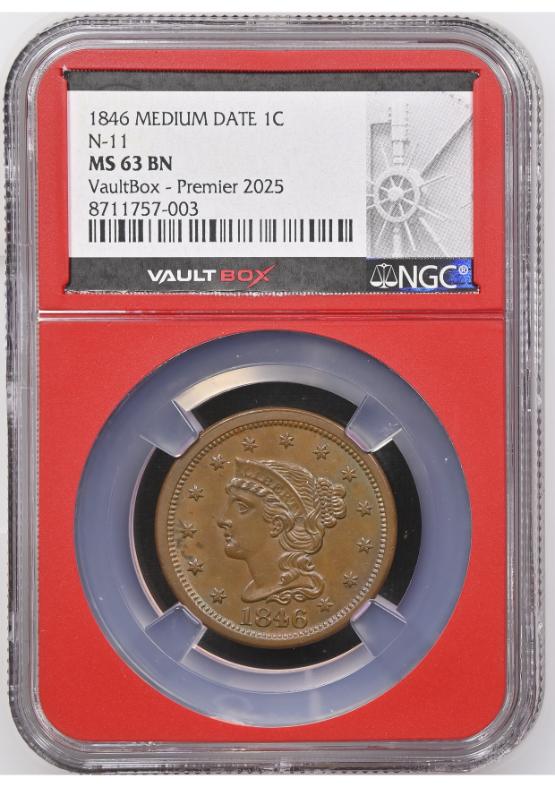 1846 MEDIUM DATE 1C N-11 NGC MS63BN FRONT