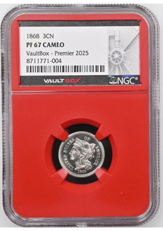1868 3CN NGC PF67 CAMEO FRONT