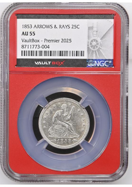 1853 ARROWS & RAYS 25C NGC AU55 FRONT
