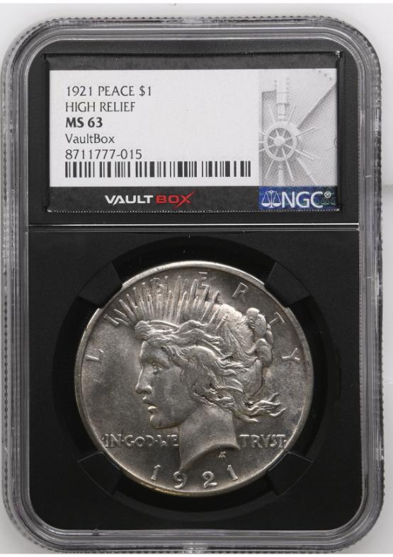 1921 PEACE $1 HIGH RELIEF NGC MS63 FRONT