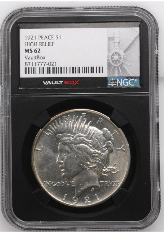 1921 PEACE $1 HIGH RELIEF NGC MS62 FRONT
