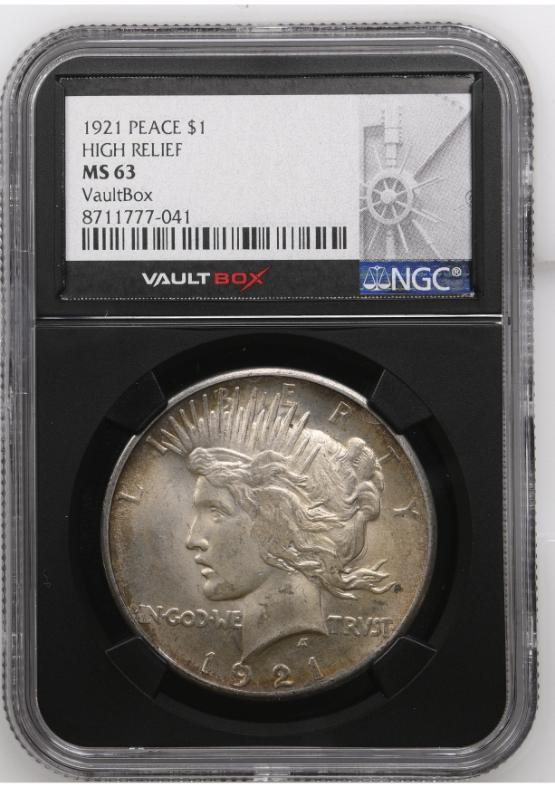 1921 PEACE $1 HIGH RELIEF NGC MS63 FRONT