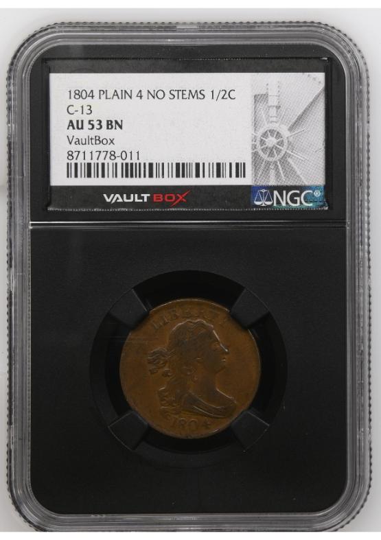 1804 PLAIN 4 NO STEMS 1/2C C-13 NGC AU53BN FRONT