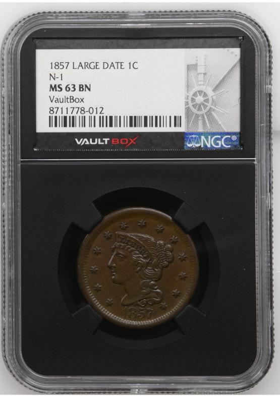 1857 LARGE DATE 1C N-1 NGC MS63BN FRONT